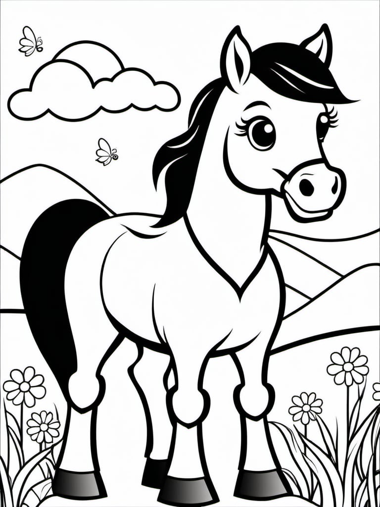 Coloring Sheet, monochrome, desatured. A horse, adorable, happy, friendly.