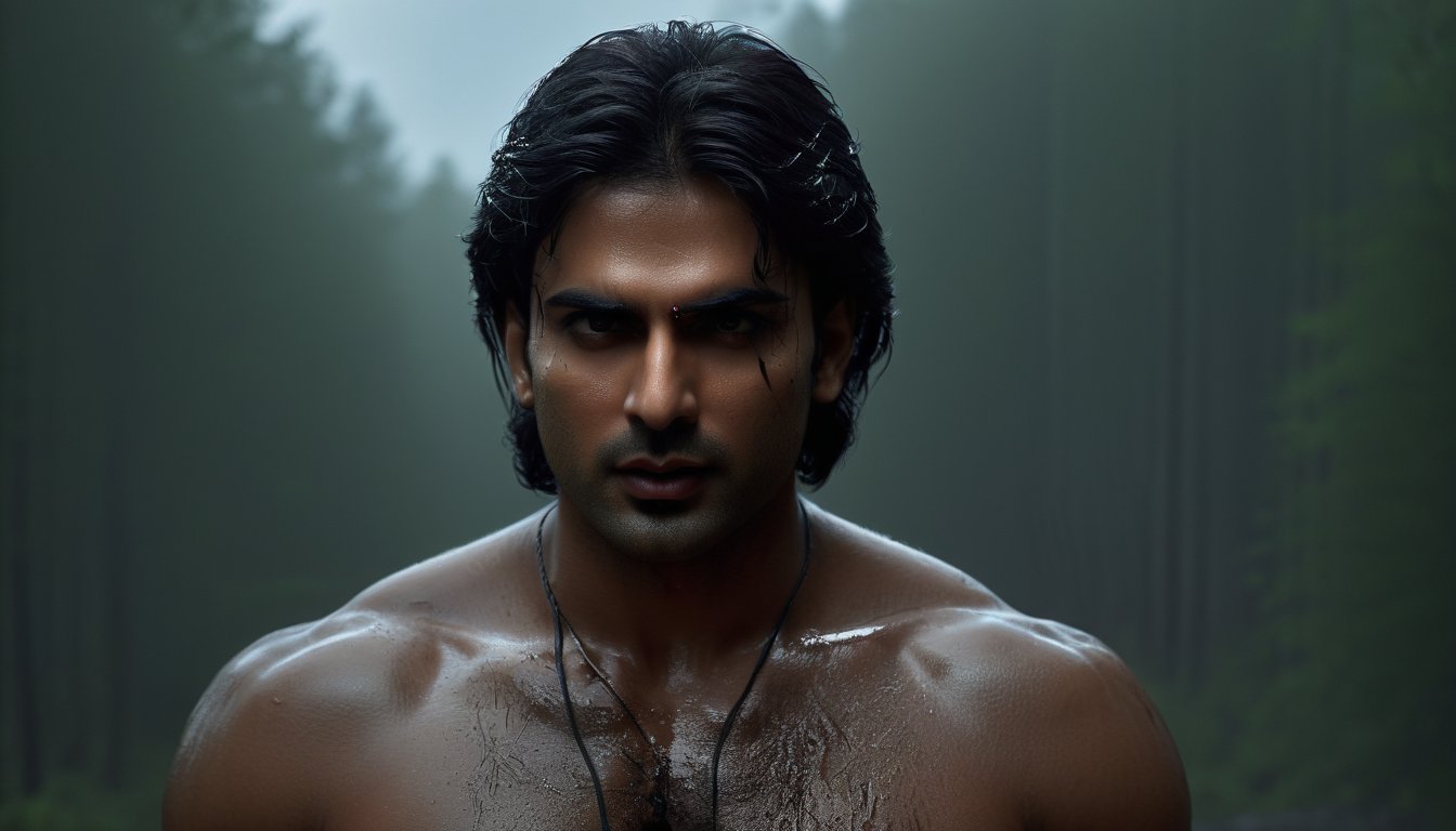 horror-themed {- *Setting:* Forest.
- *Visual:* Medium shot of Ohwx man Rahul, tears streaming down his face.), illustration, disheveled hair, detailed eyes, perfect composition, moist skin, intricate details,  by wlop, erie, unsettling, dark, spooky, suspenseful, grim, highly detailed