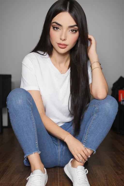 Hyper realistic full body RAW photo of Nyvi Estephan, realistic and detailed face, realistic eyes, realistic skin texture, Nyvi Estephan wearing a casual outfit, like jeans, a t-shirt, and sneakers, looking relaxed and comfortable. Cinematic style.