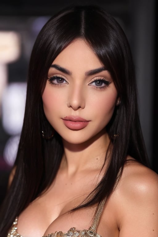 Hyper realistic RAW photo of Nyvi Estephan, from the waist up, realistic and detailed face, realistic eyes, realistic skin texture, Nyvi Estephan wearing a full face of makeup with a glamorous look. Cinematic style.