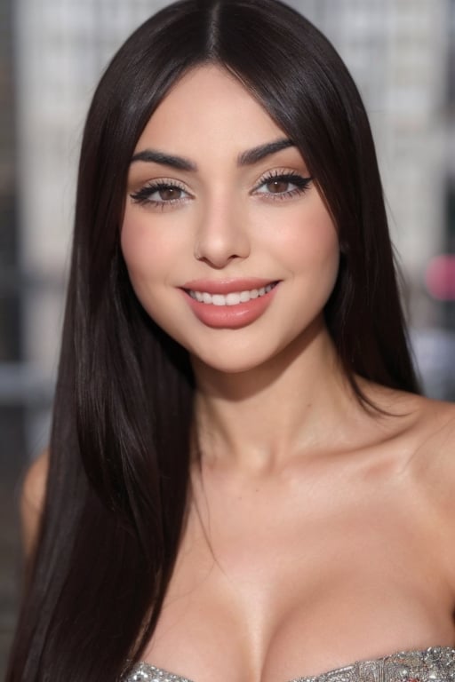 Hyper realistic RAW photo of Nyvi Estephan from the waist up, realistic and detailed face, realistic eyes, realistic skin texture, ,Nyvi Estephan, with an elegant look and flawless makeup, smiling at the camera. Cinematic style