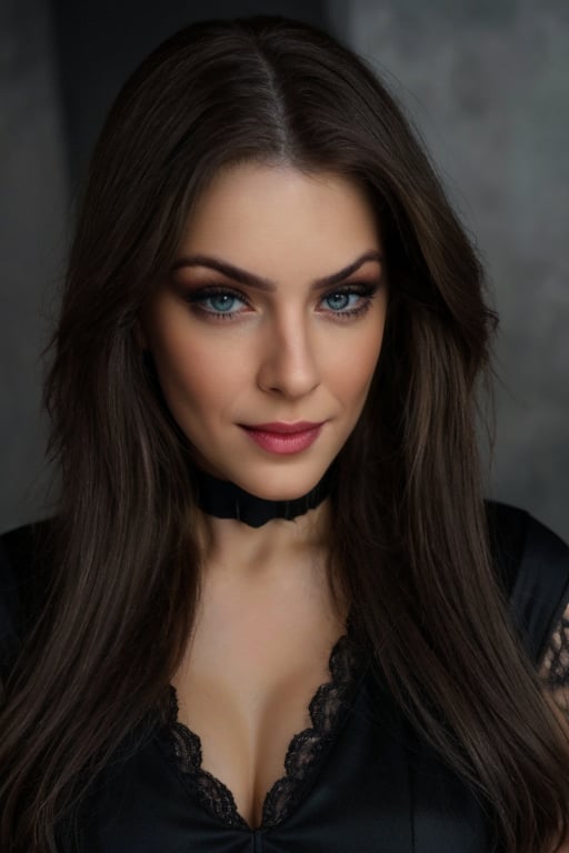 Hyper realistic full body RAW photo of Renata Fan, realistic and detailed face, realistic eyes, realistic skin texture, Renata Fan in a gothic setting, wearing a long, black, lace dress, with a mysterious and intriguing expression. Cinematic style. 