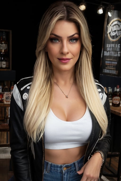 Hyper realistic full body RAW photo of Renata Fan, realistic and detailed face, realistic eyes, realistic skin texture, Renata Fan in a rock bar, wearing a leather jacket, jeans, and a white mini-blouse, with a rebellious and authentic expression. A bottle of Jack Daniels is on the bar. Cinematic style. 