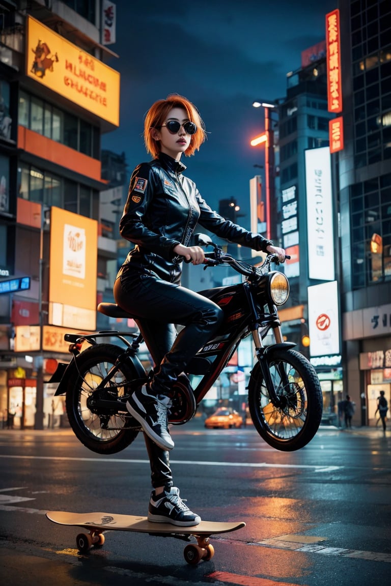 woman in a black jump suit, riding a skateboard, cyberpunk night city setting, orange hair, short hair, sunglasses