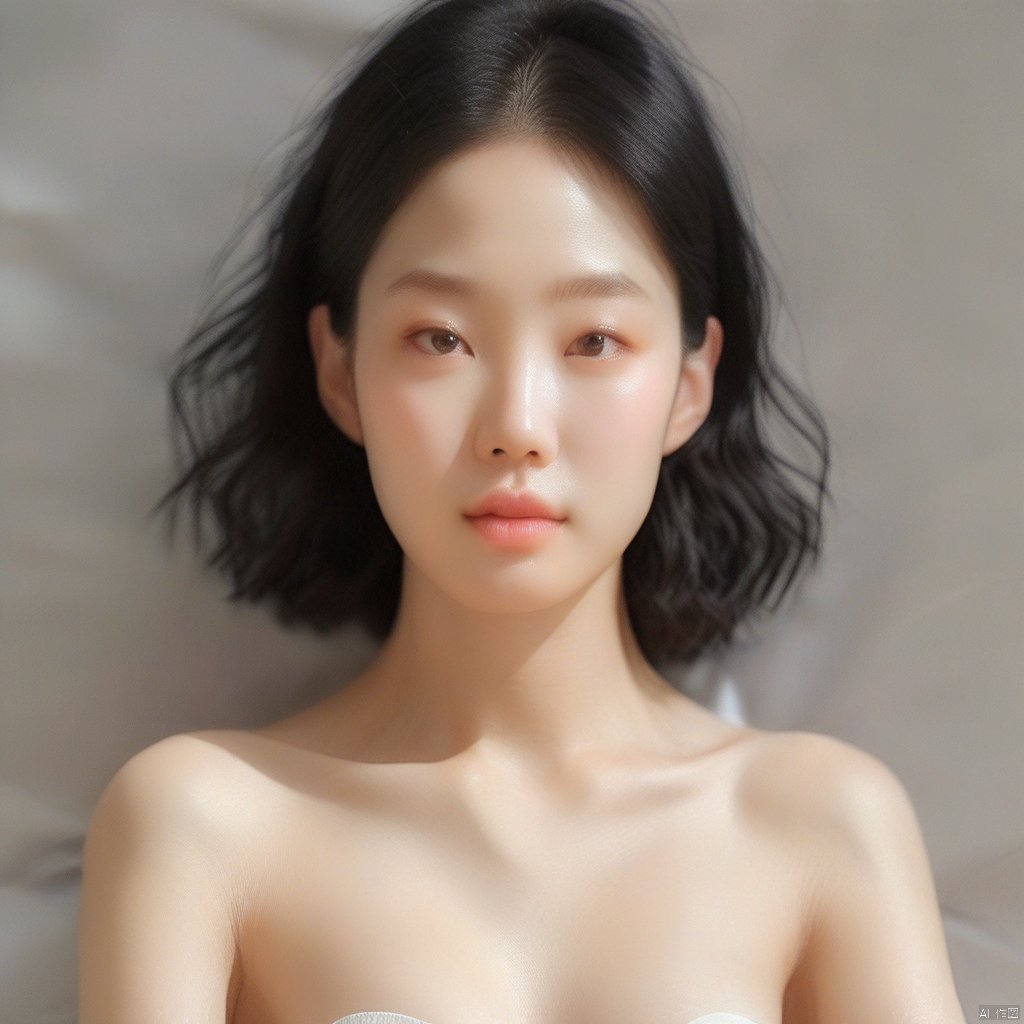 1Girl, a South Korean female model with a youthful demeanor, close-up of her head, portrait, smiling as she looks ahead. Solo, with a seductive face, black hair, realistic, earrings, black eyes, eye texture, sexy lips, collarbone, parted lips, upper body, portrait, looking awayirt, Light master, Rembrandt lighting, sunlight, skin texture, 8k, best quality, highest resolution,