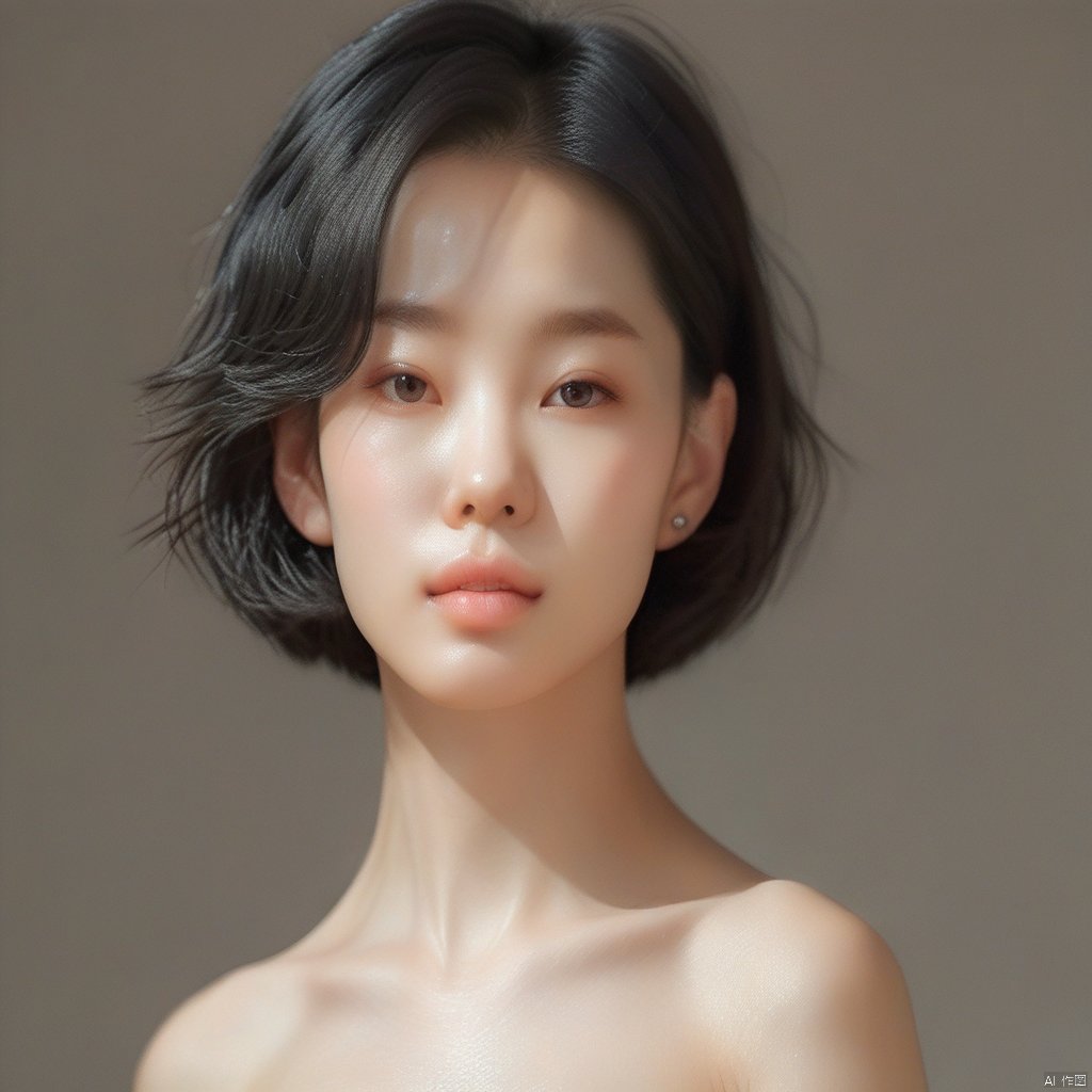 1Girl, a South Korean female model with short hair temperament, young, facial close-up, portrait, smiling at the front, solo, with a seductive face, black hair, realistic, earrings, black eyes, eye texture, sexy lips, collarbone, M lips, upper body, portrait, looking awayirt, Light master, Rembrandt lighting, sunlight, skin texture, 8k, best quality, highest resolution, high-precision details