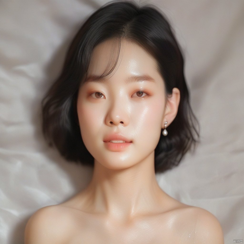 1Girl, a South Korean female model with a youthful demeanor, close-up of her head, portrait, smiling as she looks ahead. Solo, with a seductive face, black hair, realistic, earrings, black eyes, eye texture, sexy lips, collarbone, parted lips, upper body, portrait, looking awayirt, Light master, Rembrandt lighting, sunlight, skin texture, 8k, best quality, highest resolution,