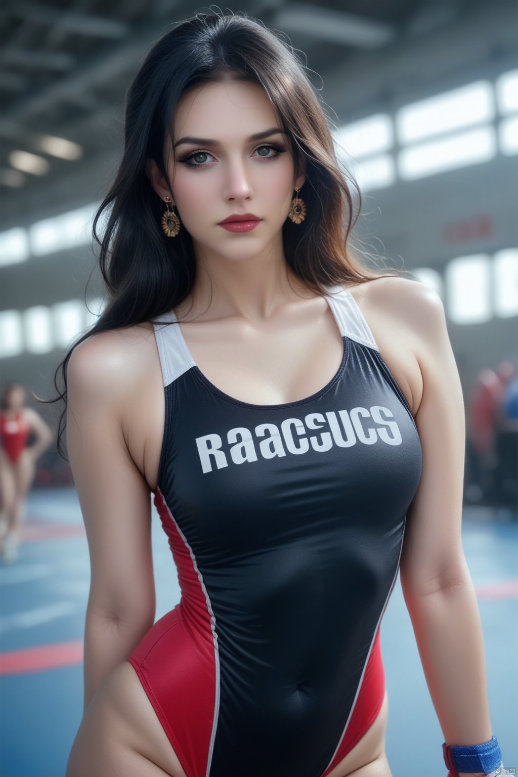 score_9, score_8_up, score_7_up,source_real, realitic, raw, photo,photorealism, & Closeup portrait of a cute thin young female wearing sport racing competitive one piece swimsuit leotard, expressing joy and posing. Worksafe, elaborate polished, trending on ArtStation