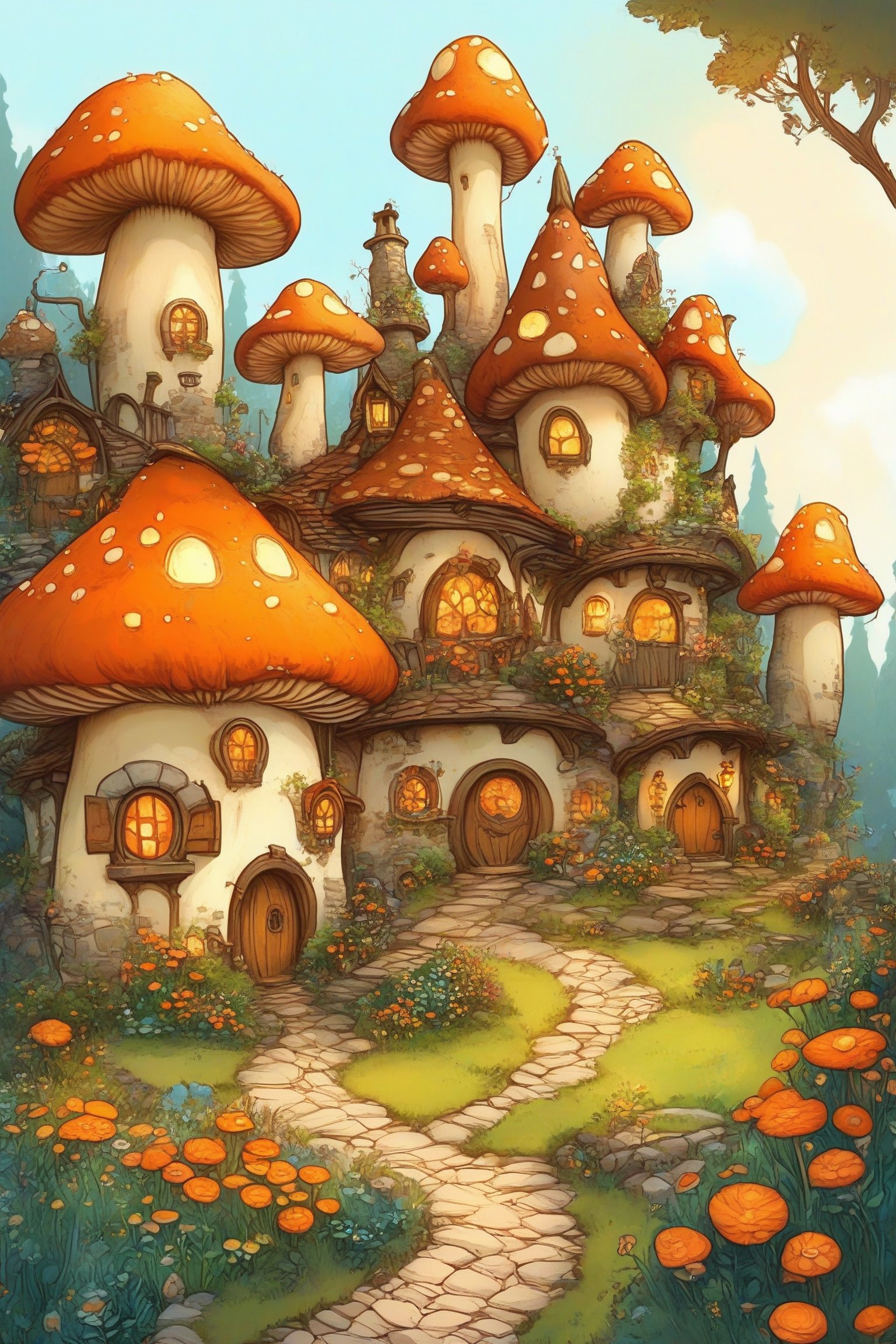 A whimsical village nestled among trees and flora. The houses are designed to resemble large mushrooms, with each having distinct windows, doors, and architectural features. The mushroom houses are connected by a cobblestone pathway, and the surroundings are adorned with vibrant flowers, trees, and other vegetation. The color palette is warm, with dominant hues of orange, brown, and green, creating a serene and enchanting atmosphere.