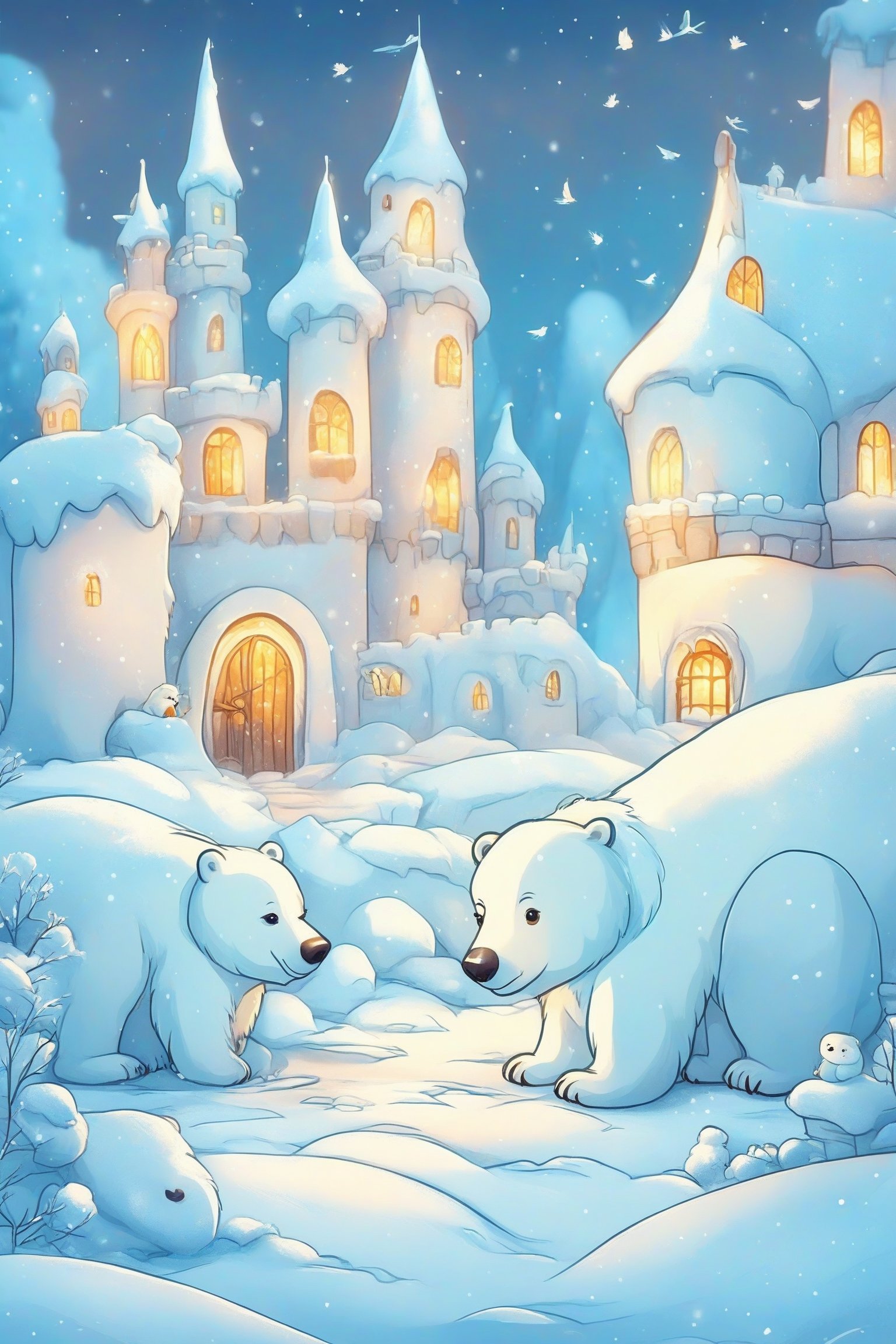 A serene winter landscape with a large polar bear standing near a smaller bear cub. They are both surrounded by a blanket of snow, with a small bird flying nearby. In the background, there's a whimsical castle-like structure covered in snow, with warm lights emanating from its windows. The sky is painted in hues of blue, and the ground is dotted with snow-covered plants and trees. The overall ambiance of the image is calm and magical, evoking feelings of warmth and coziness amidst the cold.