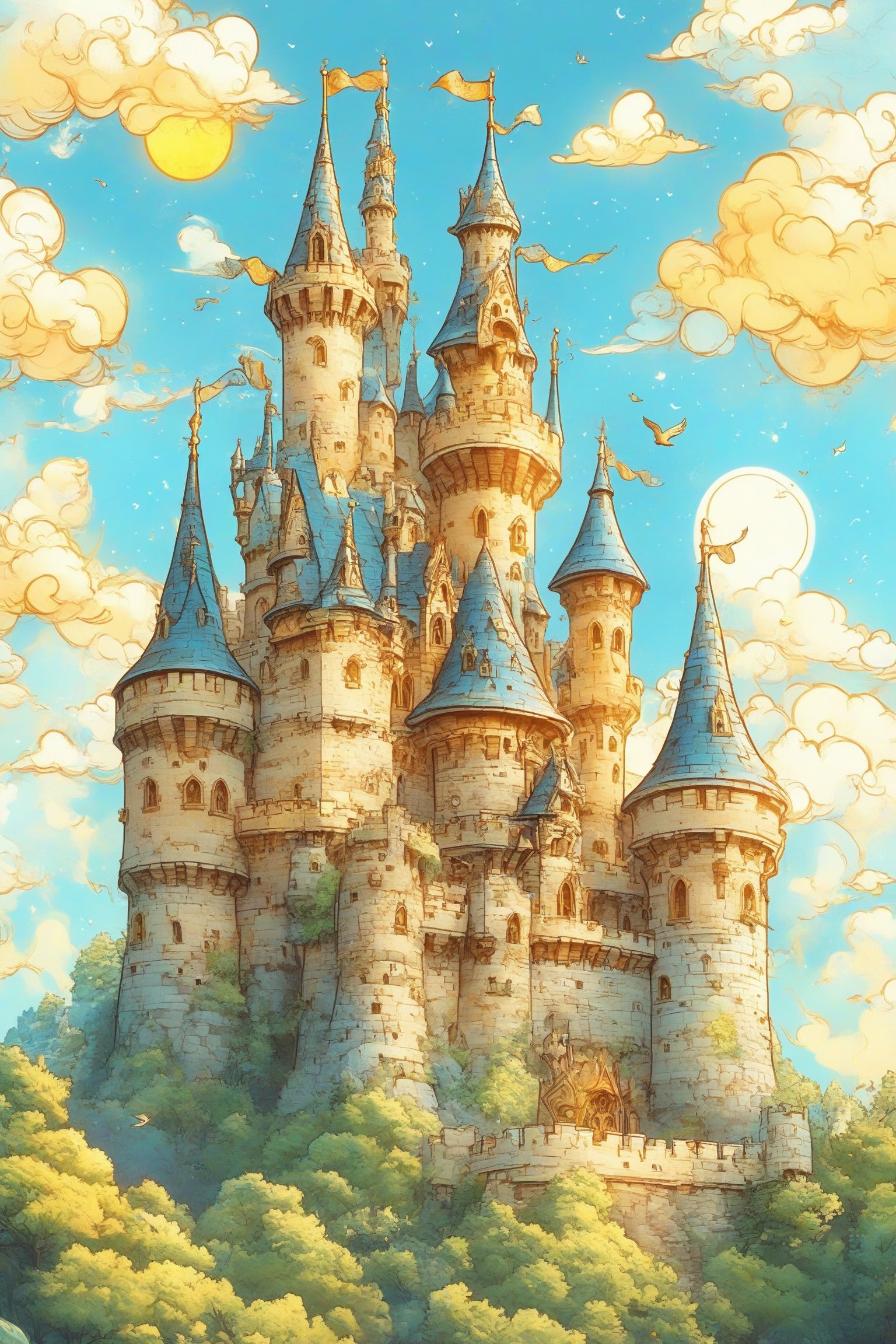 A whimsical and intricately designed castle set against a backdrop of a clear blue sky with fluffy white clouds. The castle is adorned with multiple turrets, spires, and ornate details. The moon, appearing large and yellow, is prominently displayed in the sky, casting a gentle glow over the scene. Birds can be seen flying around the castle, and there are small decorative elements like flags and banners fluttering atop the towers. The landscape surrounding the castle is lush with greenery, and a winding path leads to the castle's entrance.