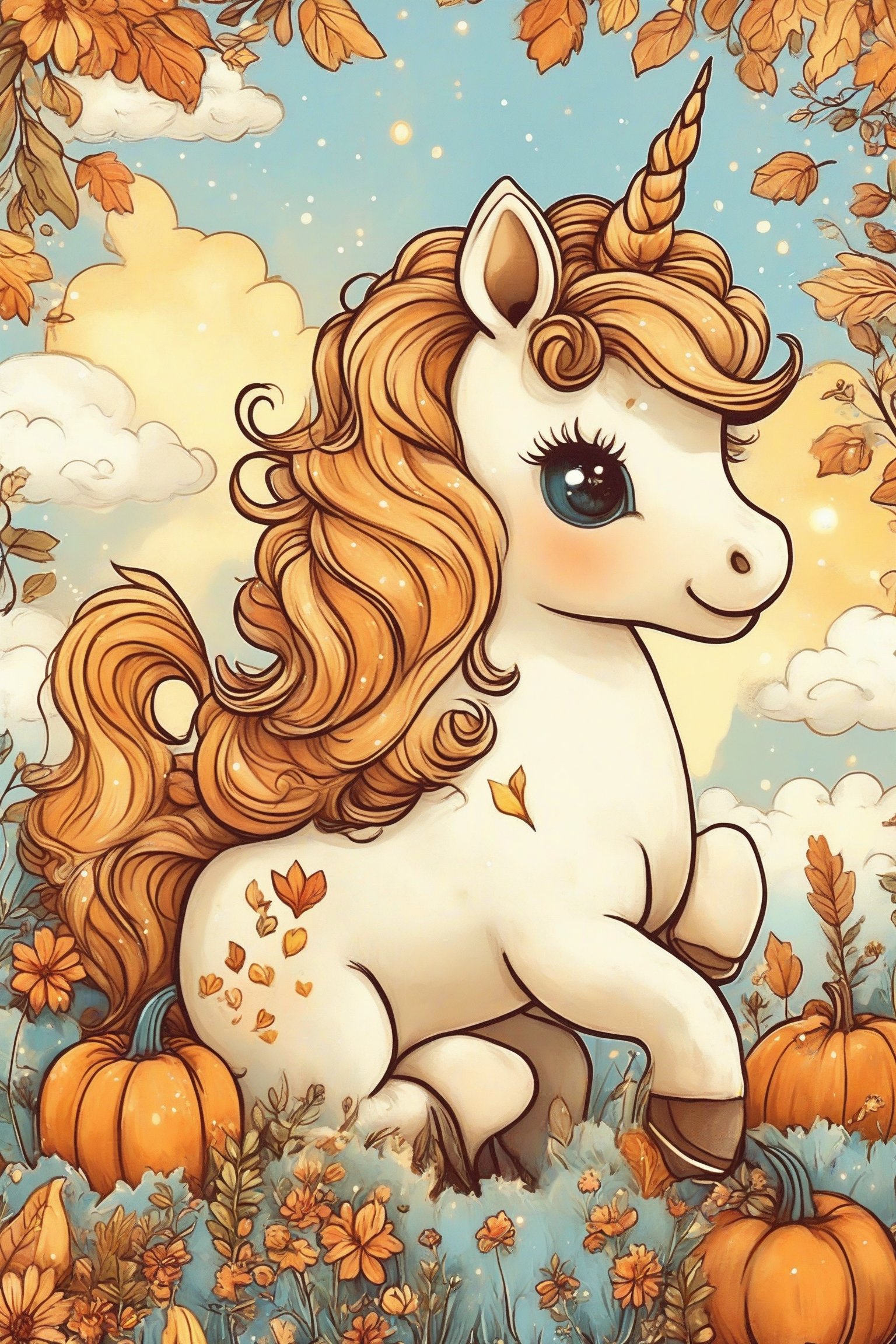 A whimsical unicorn with a golden horn, wavy mane, and expressive eyes. It's set against a backdrop of a light blue sky dotted with fluffy white clouds. The unicorn is surrounded by a variety of plants, including pumpkins, flowers, and leaves, all rendered in warm autumnal colors. The overall ambiance of the image is dreamy and enchanting, evoking feelings of magic and nostalgia.