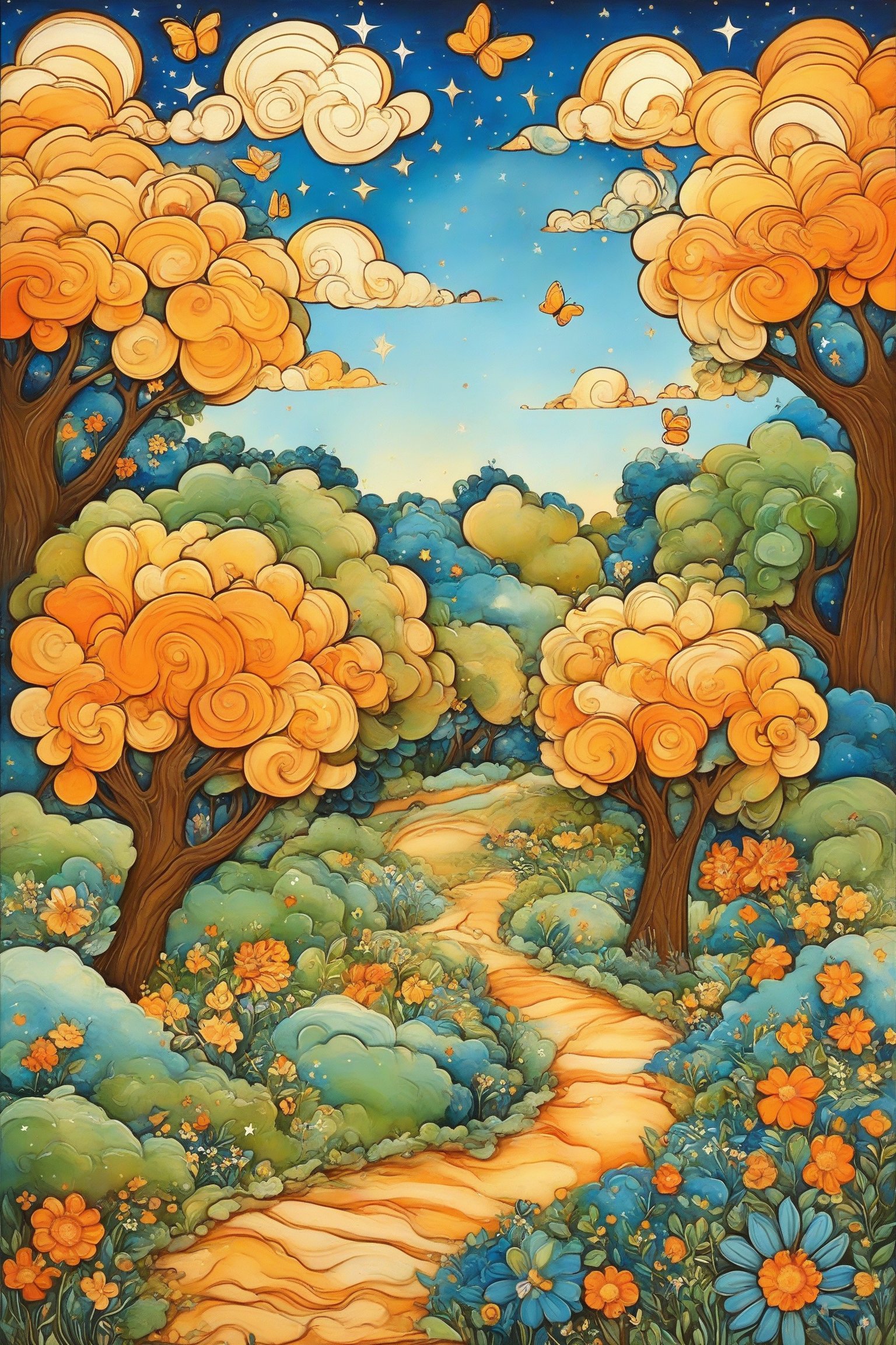 A whimsical and vibrant landscape. It features a sky filled with swirling clouds in shades of blue and beige, dotted with stars and butterflies. Below, there are stylized trees with lush, colorful foliage in shades of orange, green, and yellow. The ground is adorned with a variety of flowers, including large orange blossoms and smaller blue ones. A meandering pathway winds through the scenery, leading the viewer's eye towards the horizon.