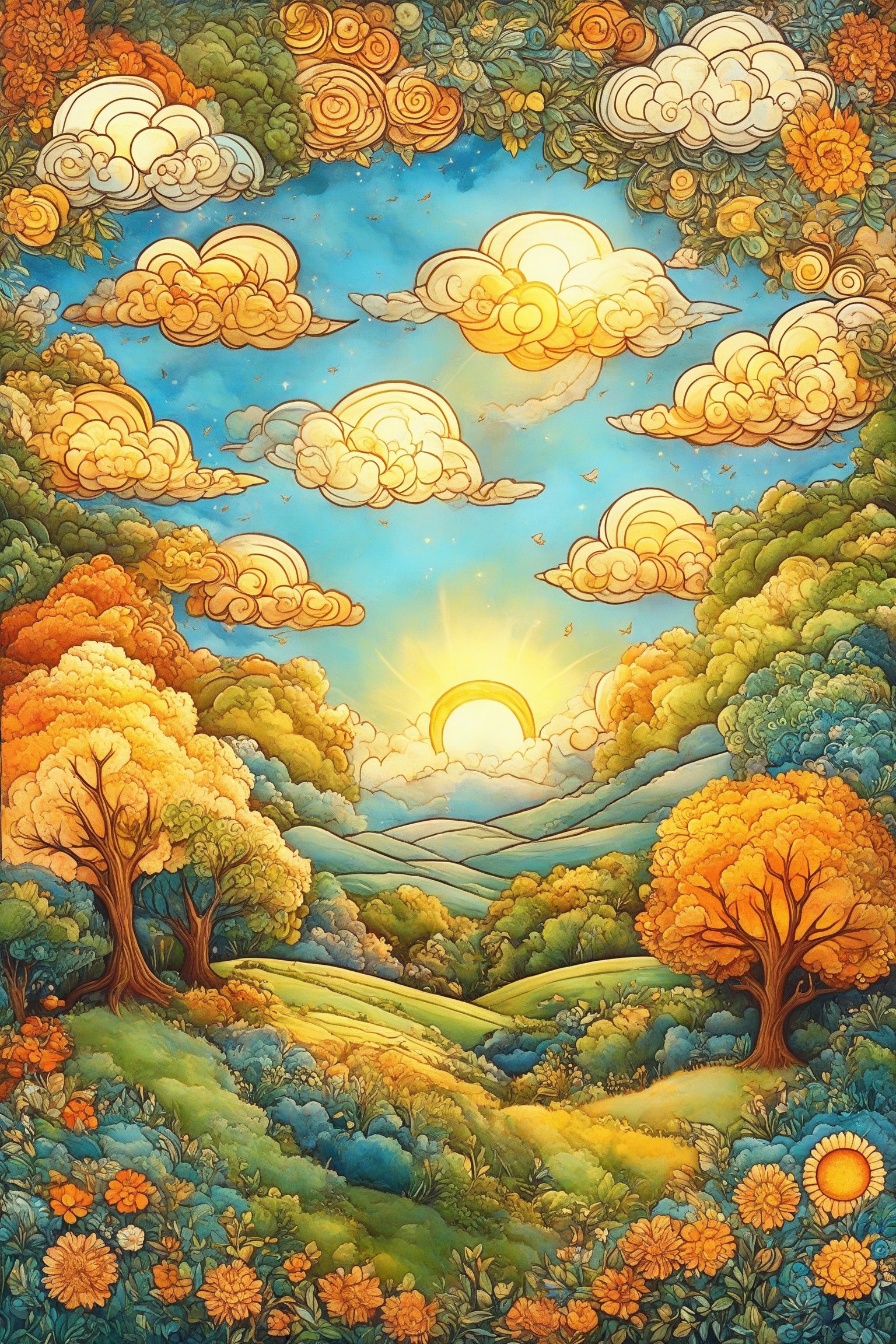 A whimsical and vibrant landscape. The sky is dominated by intricately designed clouds, some of which are shaped like fluffy clouds while others have swirling patterns. A radiant sun shines brightly in the center, casting a warm glow. Below, a lush forest stretches out with trees having unique and ornate designs. The ground is adorned with a variety of plants, flowers, and rolling hills. Birds can be seen flying in the sky, and there's a sense of serenity and wonder throughout the scene.