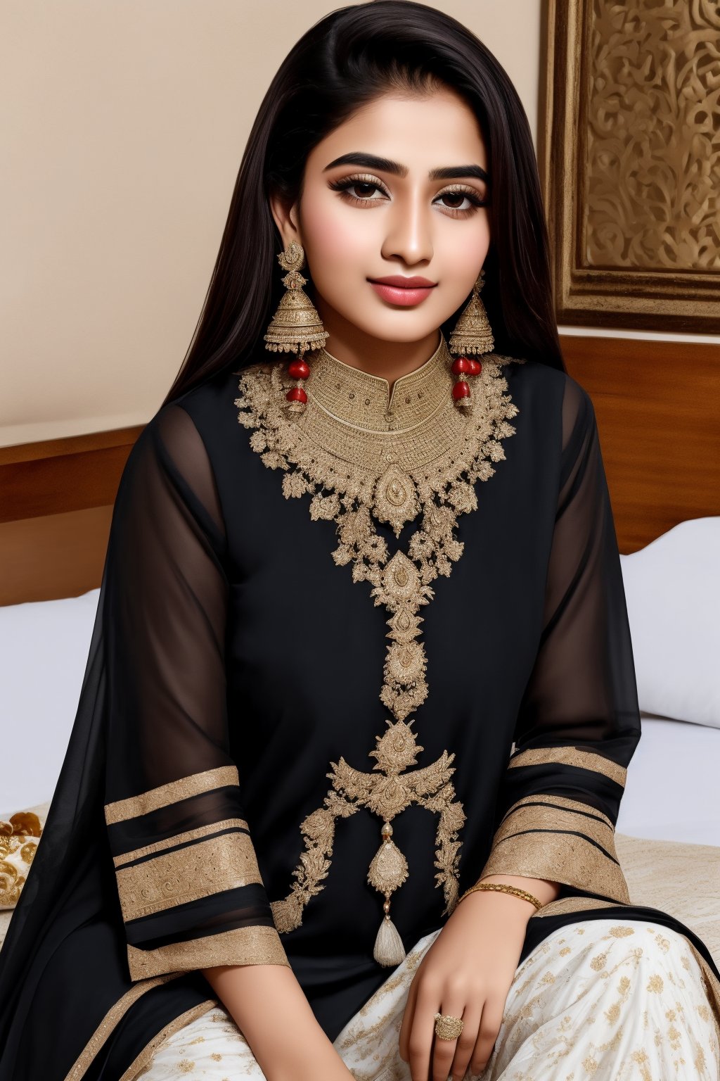 beautiful cute young attractive girl indian, teenage girl, village girl,18 year old,cute, instagram model,long black hair . Envision a Pakistani girl in a beautiful white shalwar kameez, seated elegantly on a bed, her chest subtly emphasized, exuding confidence and grace, adorned with exquisite jewelry including dangling earrings, Paperwork, intricate paper cutting with layered textures and delicate patterns, --ar 16:9 --v 5,Pakistani 