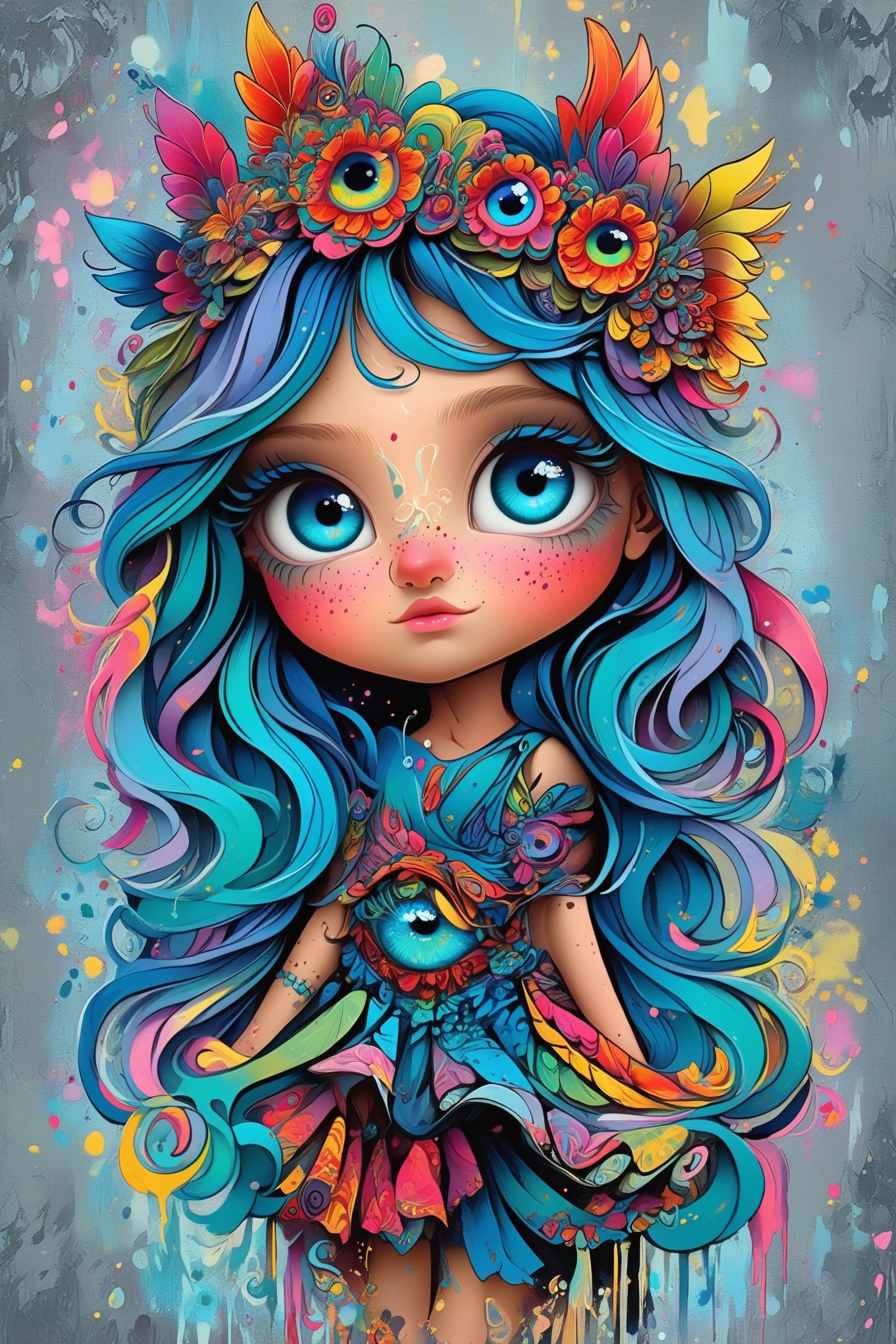 A vibrant and intricately designed animated character. She has large, expressive blue eyes and wavy, teal-colored hair that flows freely. Adorning her head is a colorful, ornate headdress with various patterns, including a prominent eye-like design. The background is a blend of muted grays and splashes of vivid colors, giving the impression of a dreamy or ethereal setting.