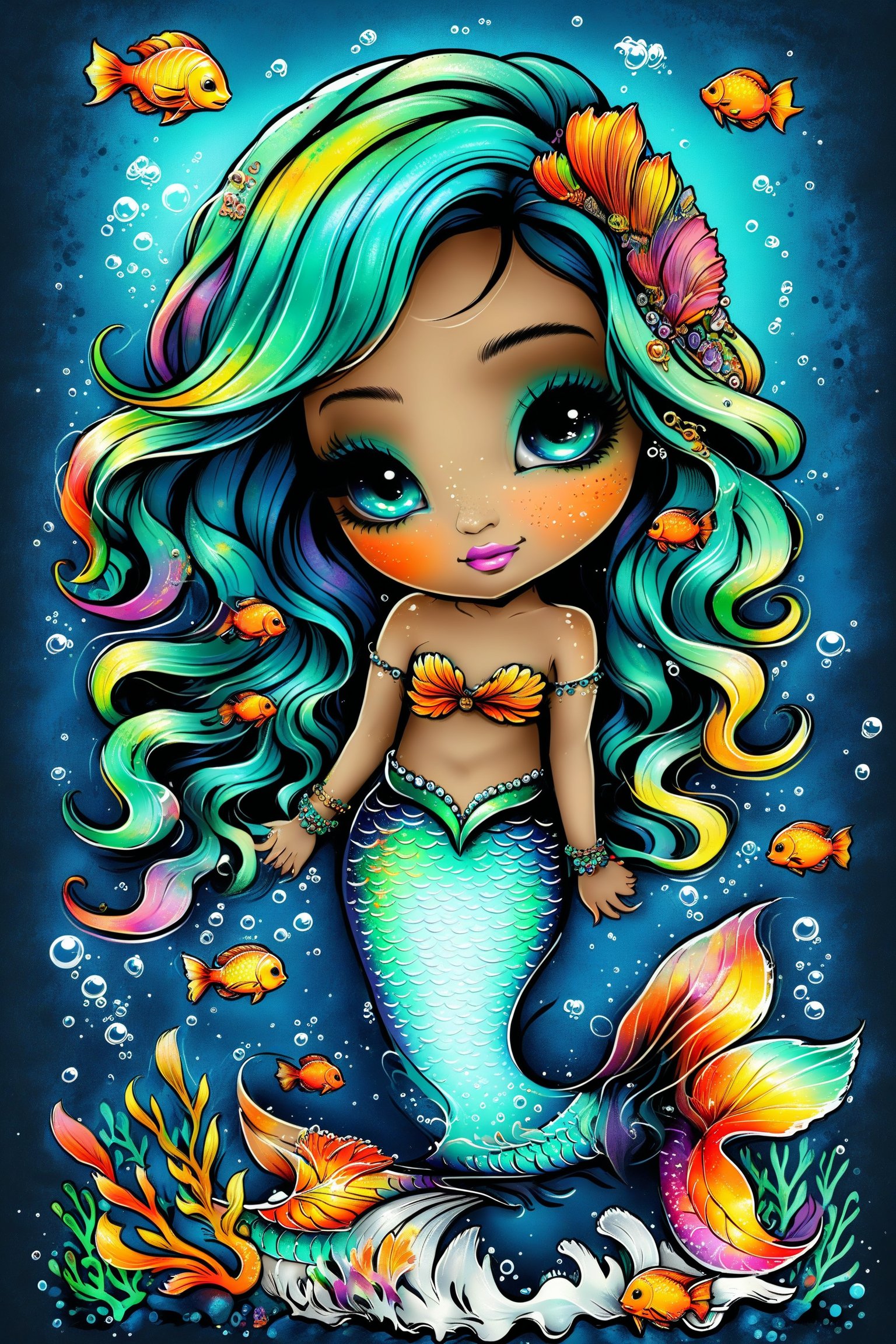 A vibrant and colorful illustration of a mermaid surrounded by an underwater environment. The mermaid has large, expressive eyes, multi-colored flowing hair, and a scaled tail. She is adorned with various accessories, including a seashell on her head and a bracelet on her wrist. The background is teeming with marine life, including fish, bubbles, and coral. The overall color palette is rich and diverse, with dominant shades of blue, green, and orange. The artwork is signed 'Grimmy' at the bottom right corner.