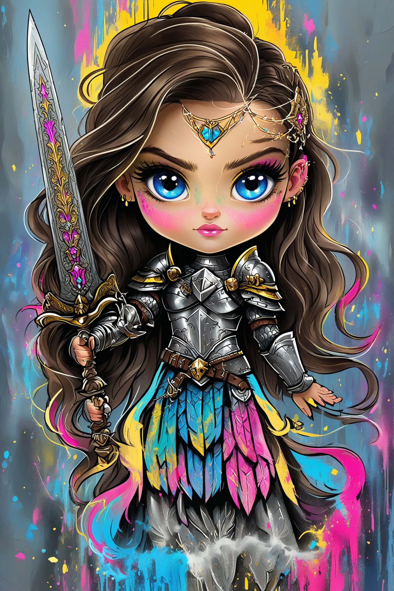 A stylized, animated female warrior with long wavy brown hair and piercing blue eyes. She is adorned in intricate silver armor, complete with golden accents and a belt. In her hand, she wields a large, ornate sword with a detailed hilt. The background is a vibrant mix of colors, predominantly gray with splashes of yellow, pink, and blue, giving the impression of a dynamic, possibly stormy environment.