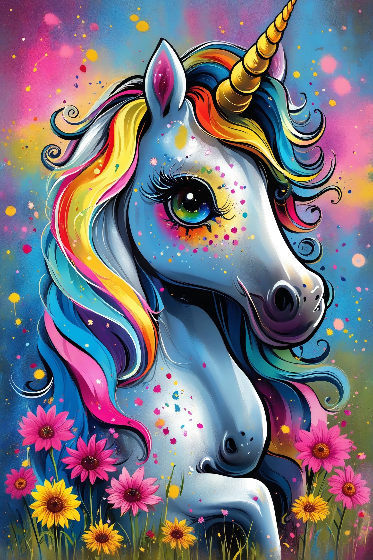 A vibrant and colorful unicorn with a shimmering silver body and a golden horn. Its mane is a mesmerizing blend of rainbow hues, ranging from deep blues to bright yellows. The unicorn's eye is a captivating shade of blue with golden specks, and it appears to be gazing at something with curiosity. The background is a burst of colors, with splashes of pink, blue, and green, giving the impression of a magical meadow. The unicorn is surrounded by a variety of flowers, including pink and yellow daisies, adding to the enchanting atmosphere.