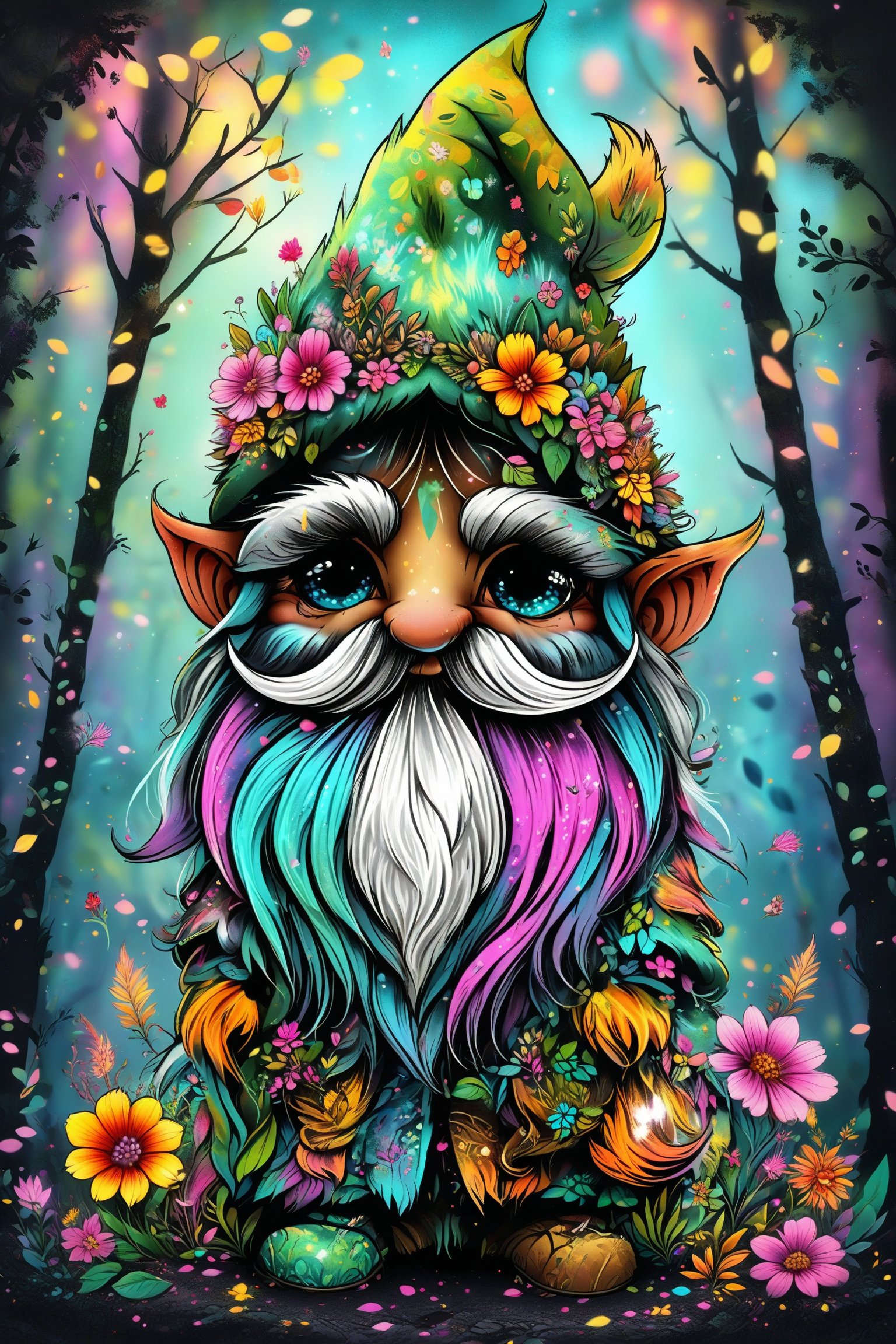 A vibrant and colorful animated character resembling a gnome or a magical creature. The character has a long, flowing beard and mustache, and its eyes are adorned with intricate patterns. It wears a tall, pointed hat decorated with various flowers and leaves. The creature is surrounded by an array of flowers, leaves, and small creatures, all set against a mesmerizing backdrop of a forest with a blend of dark and light hues, giving it a dreamy and magical ambiance.