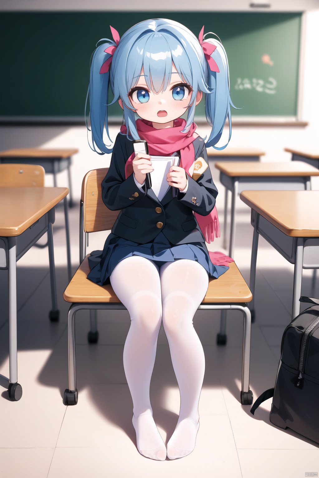  (best quality,4k,8k,highres,masterpiece:1.2),ultra-detailed,HDR,cinematic lighting,1girl,backpack,bag,black jacket,blue bag,blue eyes,blue hair,chair,chalkboard,classroom,clock,desk,full body,hair ornament,jacket,legs,long hair,looking at viewer,multicolored hair,no shoes,one side up,open mouth,pantyhose,pink hair,red scarf,scarf,school chair,school desk,school uniform,sitting,skirt,solo,streaked hair,white pantyhose,yokozuwari,