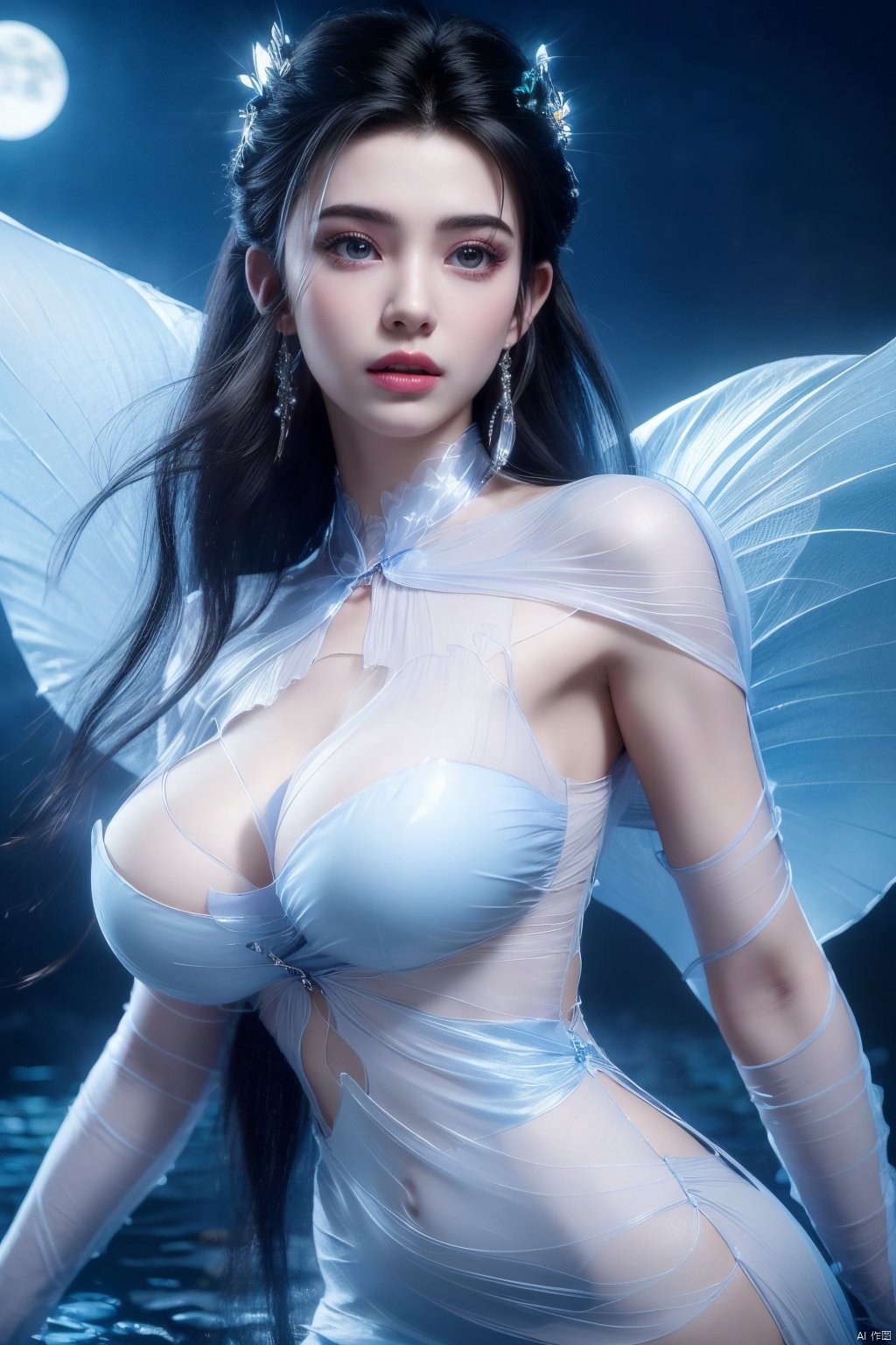  (8k, RAW photo, best quality, masterpiece:1.2), (super realistic, photo-realistic:1.3), ultra-detailed, extremely detailed cg 8k wallpaper, hatching (texture), skin gloss, light persona, (crystalstexture skin:1.2), (extremely delicate and beautiful), ultra-high resolution, (photo realistic: 1.4), Surrealism, Fantastical verisimilitude, beautiful blue-skinned goddess Phoenix Peacock on her head, fantastical creation, thriller color scheme, surrealism, abstract, psychedelic, 1 girl, flower,(translucent white gauze dress:1.3), (moon), moonlight, water surface, long hair, windy, qingyi, ll-hd, pf-hd, ty-hd, lmw-hd,Xlimuwan, Xmedusa,Yunxiao_Fairy,,(big breasts:1.39)