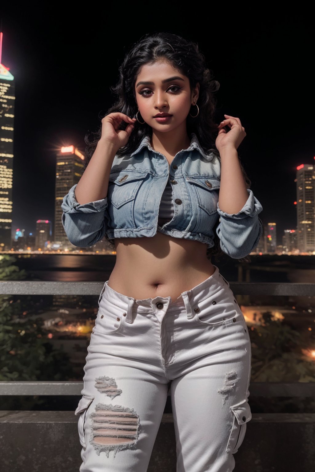 A close-up shot of a Mallu girl with dark hair and bold makeup, standing amidst a futuristic cityscape's neon-lit skyscrapers. Her eyes gleam with determination as she gazes out at the city's underbelly. Flickering holographic advertisements dance across her skin, casting an otherworldly glow on her features. She wears a ripped denim jacket, cargo pants, and scuffed combat boots, blending into the gritty urban landscape.