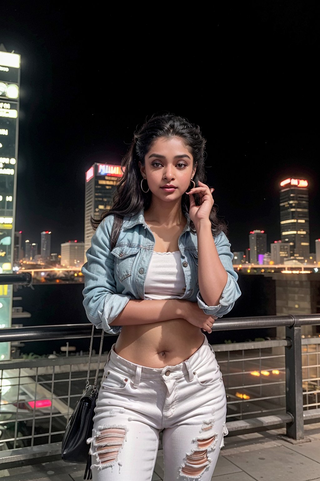 A close-up shot of a Mallu girl with dark hair and bold makeup, standing amidst a futuristic cityscape's neon-lit skyscrapers. Her eyes gleam with determination as she gazes out at the city's underbelly. Flickering holographic advertisements dance across her skin, casting an otherworldly glow on her features. She wears a ripped denim jacket, cargo pants, and scuffed combat boots, blending into the gritty urban landscape.