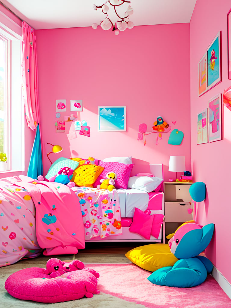 masterpiece,  pinkroom, pink wall, bed, stuffed toy, pillow, couch, 