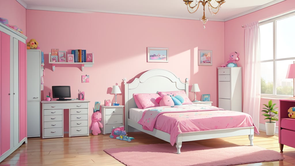 masterpiece,  pinkroom, pink wall, bed, stuffed toy, pillow, couch, 