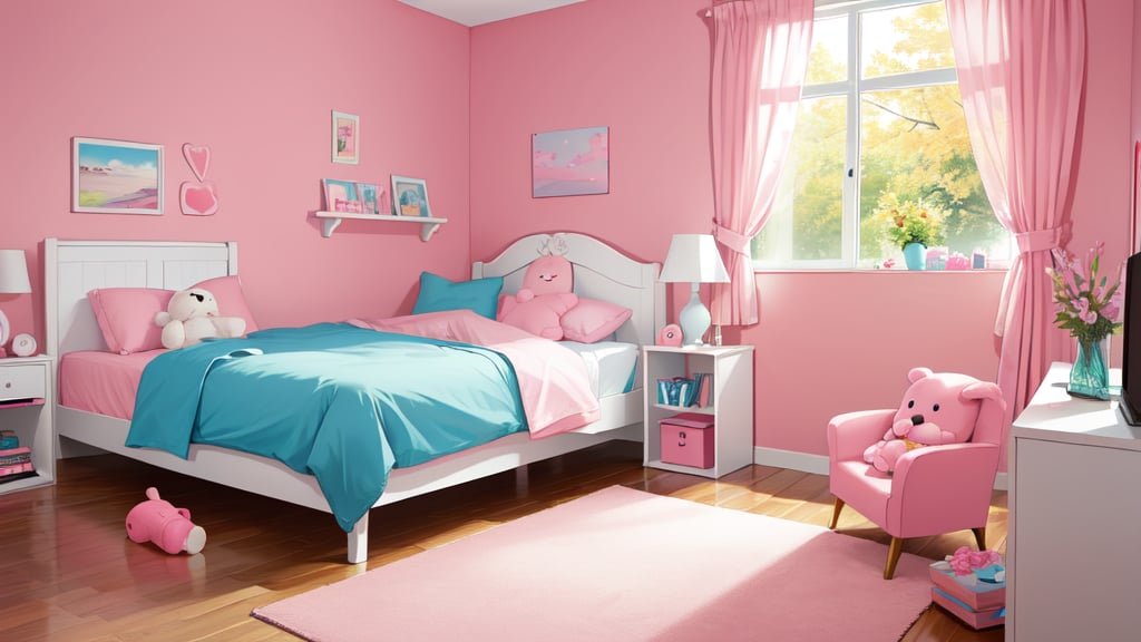 masterpiece,  pinkroom, pink wall, bed, stuffed toy, pillow, couch, 