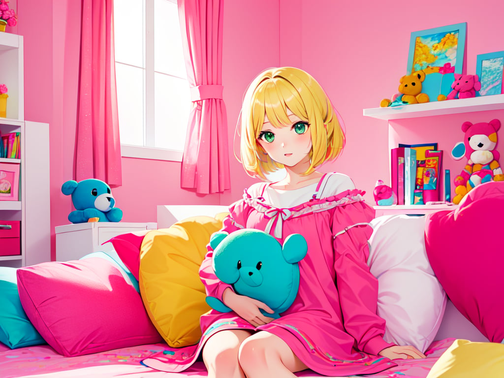 masterpiece, 1girl, blonde hair, bob cut, wavy hair, green eyes,  pinkroom, pink wall, bed, stuffed toy, pillow, couch, 