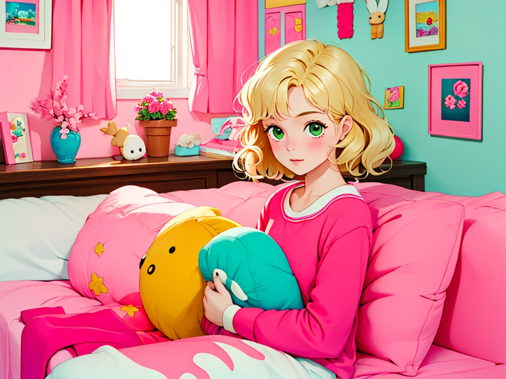 masterpiece, 1girl, blonde hair, bob cut, wavy hair, green eyes,  pinkroom, pink wall, bed, stuffed toy, pillow, couch, 