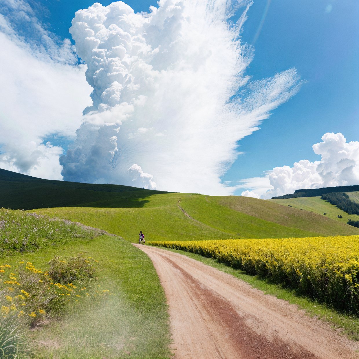 realistic watercolor landscape, a beautiful scenic countryside, rolling hills, lush green meadows, vibrant wildflowers, towering mountains in the background, fluffy clouds in the sky, shimmering lake reflecting the landscape, (best quality,4k,8k,highres,masterpiece:1.2),ultra-detailed,(realistic,photorealistic,photo-realistic:1.37),professional, vivid colors, natural lighting, atmospheric perspective, intricate details