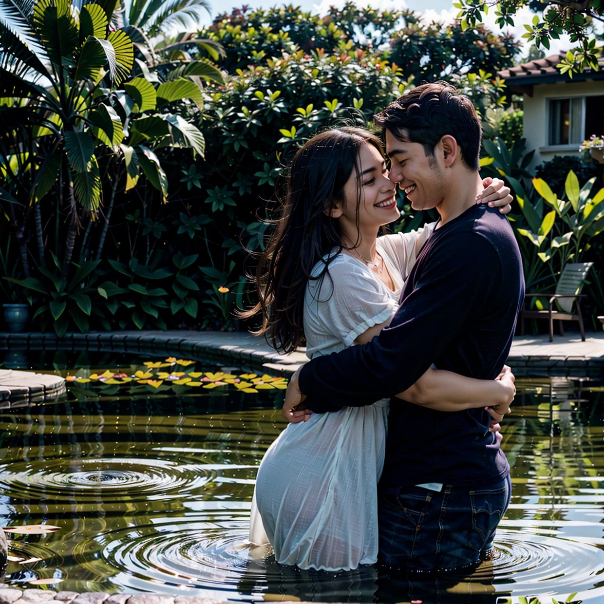 couple in a romantic location,embracing each other and smiling,happy moment,candid shot,outdoor lighting,warm color tone [vibrant,subtle],soft focus,bokeh effect,professional photography style,high resolution,ultra-detailed,feeling of love and connection,beautiful background landscape,crisp image quality,perfectly composed,reflection in water,gentle breeze,love in the air