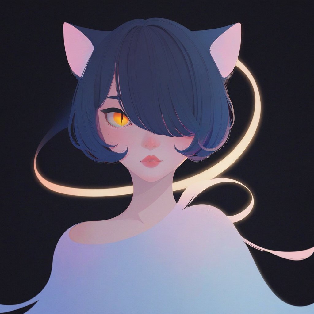 aestheticfi, 1girl, catgirl, cat ears, shorthair, hair over one eyes, black hair, golden eyes, cat eyes, slit pupil, glowing eyes, black background, masterpiece, best quality, amazing quality, very aesthetic, absurdres,flat color, score_9, score_8_up, score_7_up