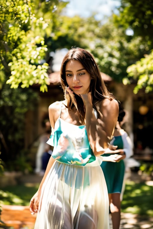 Vibrant sunlight casts a warm glow on a serene outdoor setting as a woman wears a flowing summer dress with real hands subtly holding the hem. Framed by lush greenery and a clear blue sky, her elegant pose exudes confidence. Soft focus and delicate highlights capture every detail in this masterpiece photography by Jime Picollo.