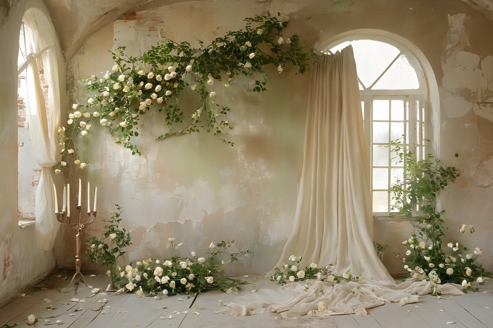 An elegantly aged room with large arched windows that let in soft sunlight. The walls are adorned with faded paint and peeling plaster, revealing the underlying brickwork. The room is filled with lush white roses and green foliage, creating a romantic and ethereal atmosphere. A draped beige curtain hangs on one side, and a vintage candelabra with tall candles stands in the foreground. Petals from the roses scatter on the worn wooden floor, adding to the dreamy ambiance.