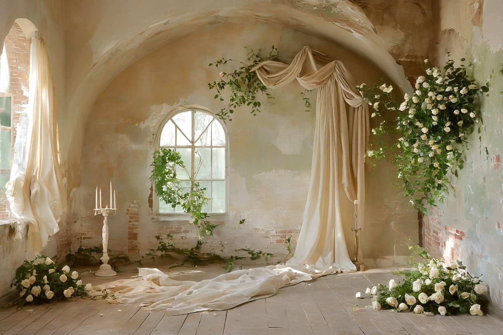 An elegantly aged room with large arched windows that let in soft sunlight. The walls are adorned with faded paint and peeling plaster, revealing the underlying brickwork. The room is filled with lush white roses and green foliage, creating a romantic and ethereal atmosphere. A draped beige curtain hangs on one side, and a vintage candelabra with tall candles stands in the foreground. Petals from the roses scatter on the worn wooden floor, adding to the dreamy ambiance.