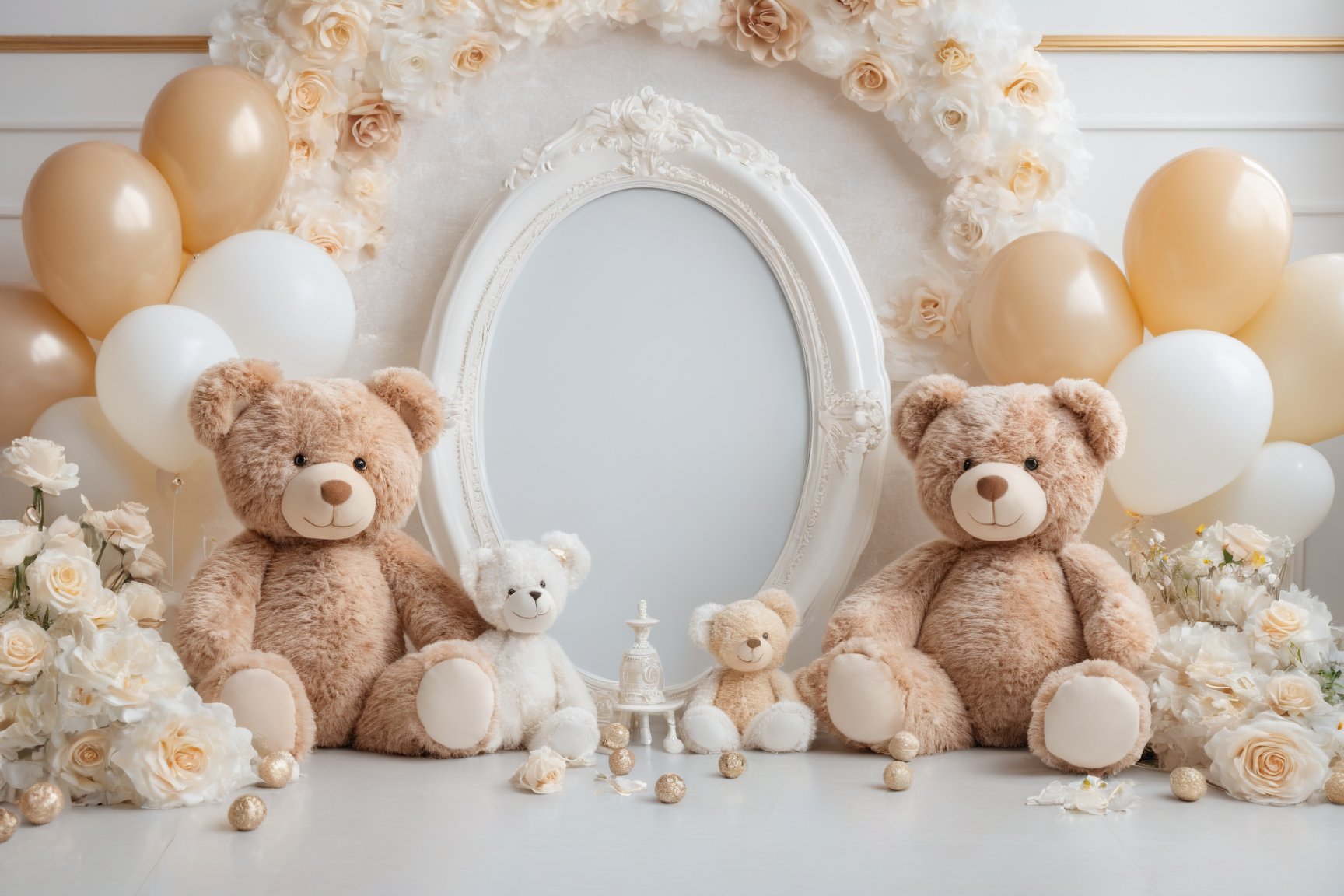 A serene and elegant setting, dominated by soft pastel colors. Two teddy bears, one larger and one smaller, are seated in the foreground, with the larger one positioned in front of an oval mirror frame. Surrounding them are balloons in shades of white, gold, and beige, some of which are adorned with decorative elements like sequins. The floor is carpeted with a fluffy white material, and scattered around are white roses and daisies. The backdrop features white walls with an ornate design, adding to the luxurious ambiance of the scene.