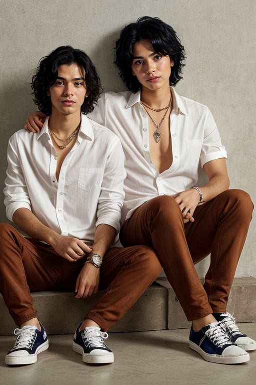 solo, shirt, black hair, 1boy, jewelry, sitting, full body, white shirt, male focus, open clothes, shoes, pants, necklace, open shirt, sneakers, realistic, brown pants