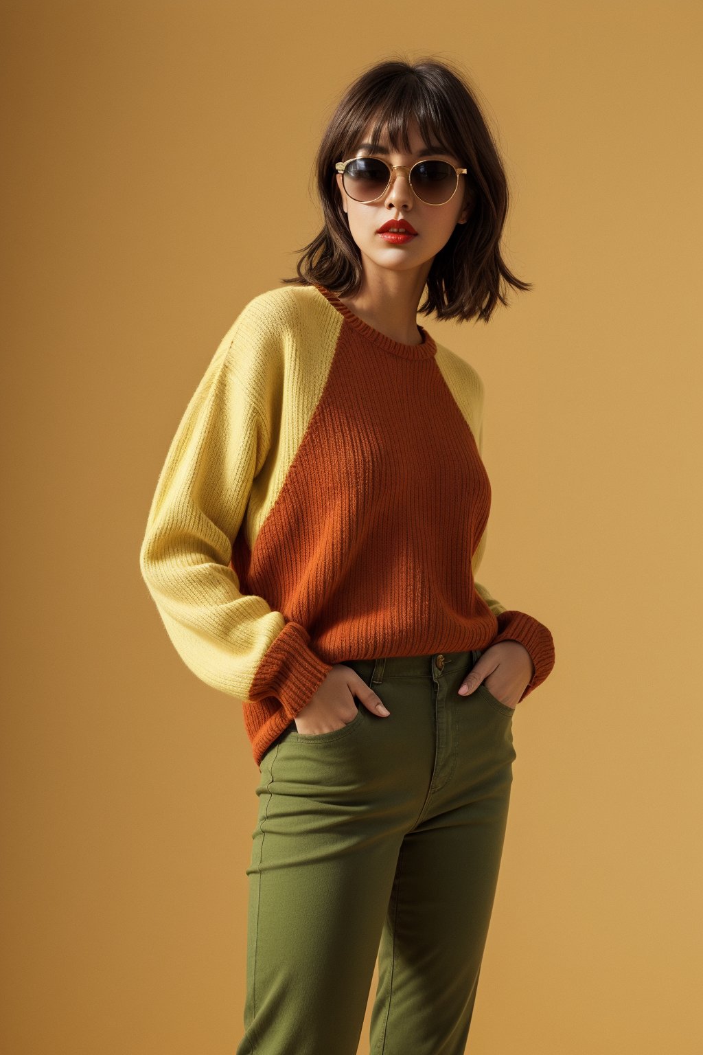 1girl, solo, looking at viewer, bangs, simple background, shirt, long sleeves, standing, grey hair, cowboy shot, pants, blunt bangs, sweater, head tilt, makeup, sunglasses, lipstick, red background, yellow shirt, hands in pockets, red lips, green pants, yellow sweater