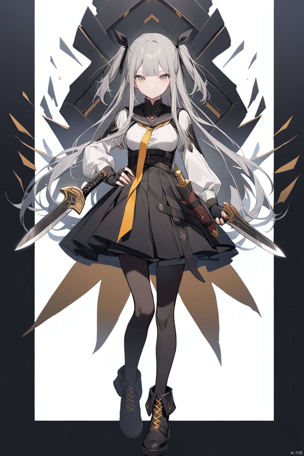 1girl, solo, long hair, breasts, looking at viewer, bangs, skirt, simple background, shirt, gloves, long sleeves, white background, ribbon, holding, closed mouth, standing, full body, hair ribbon, yellow eyes, white shirt, weapon, grey hair, pantyhose, shoes, black gloves, puffy sleeves, fingerless gloves, black skirt, sailor collar, black footwear, holding weapon, two side up, hand on hip, grey eyes, black pantyhose, black ribbon, knife, high-waist skirt, holding knife, dagger, holding dagger,cybersaki