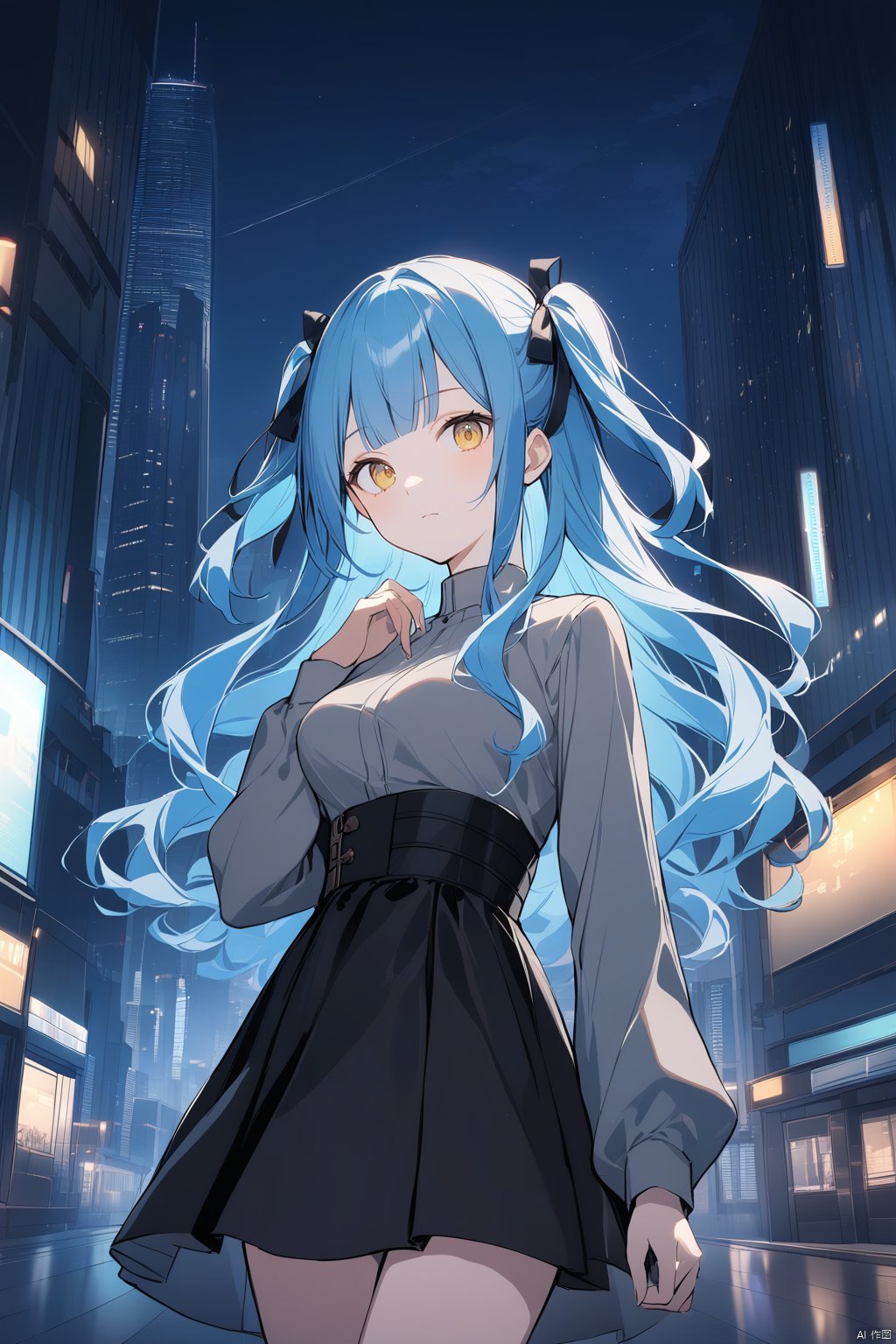 1girl, solo, long hair, breasts, looking at viewer, bangs, skirt, shirt, long sleeves, ribbon, medium breasts, closed mouth, blue hair, standing, hair ribbon, yellow eyes, sidelocks, cowboy shot, outdoors, sky, hand up, blunt bangs, black skirt, two side up, black ribbon, night, wavy hair, building, night sky, grey shirt, high-waist skirt, city, cityscape, skyscraper,cybersaki