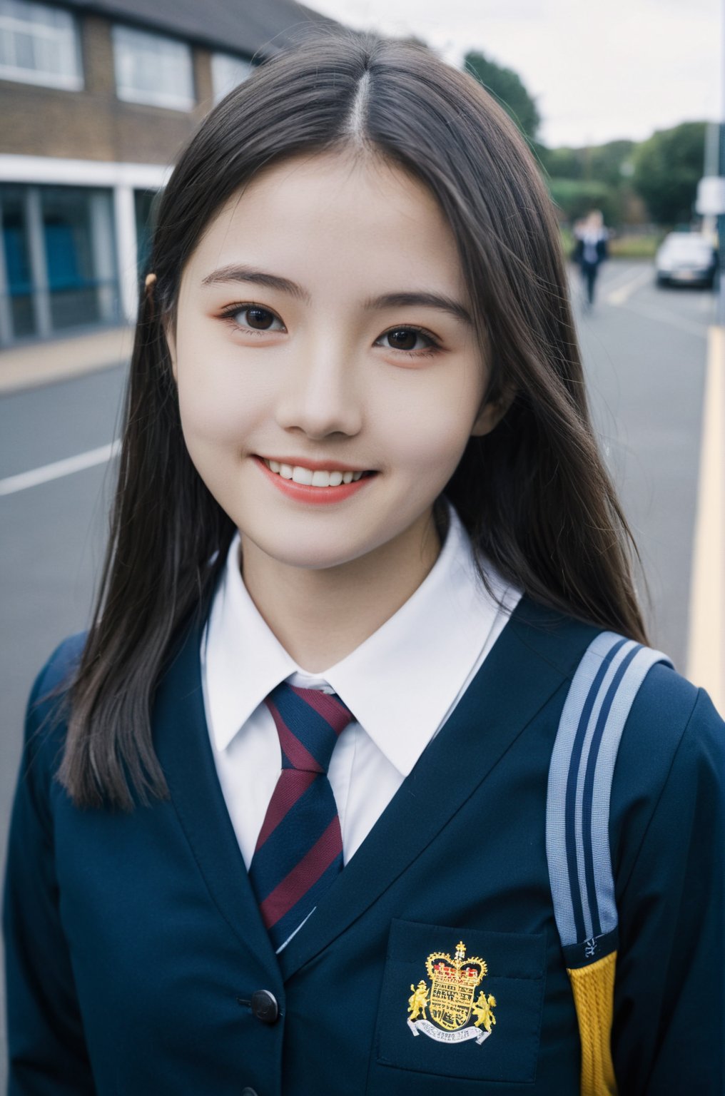 ultra-wide angle, depth of field, hyper detailed ,hubggirl,
portrait of a woman School uniforms for British students,polaroid,film, graininess,smile,cold