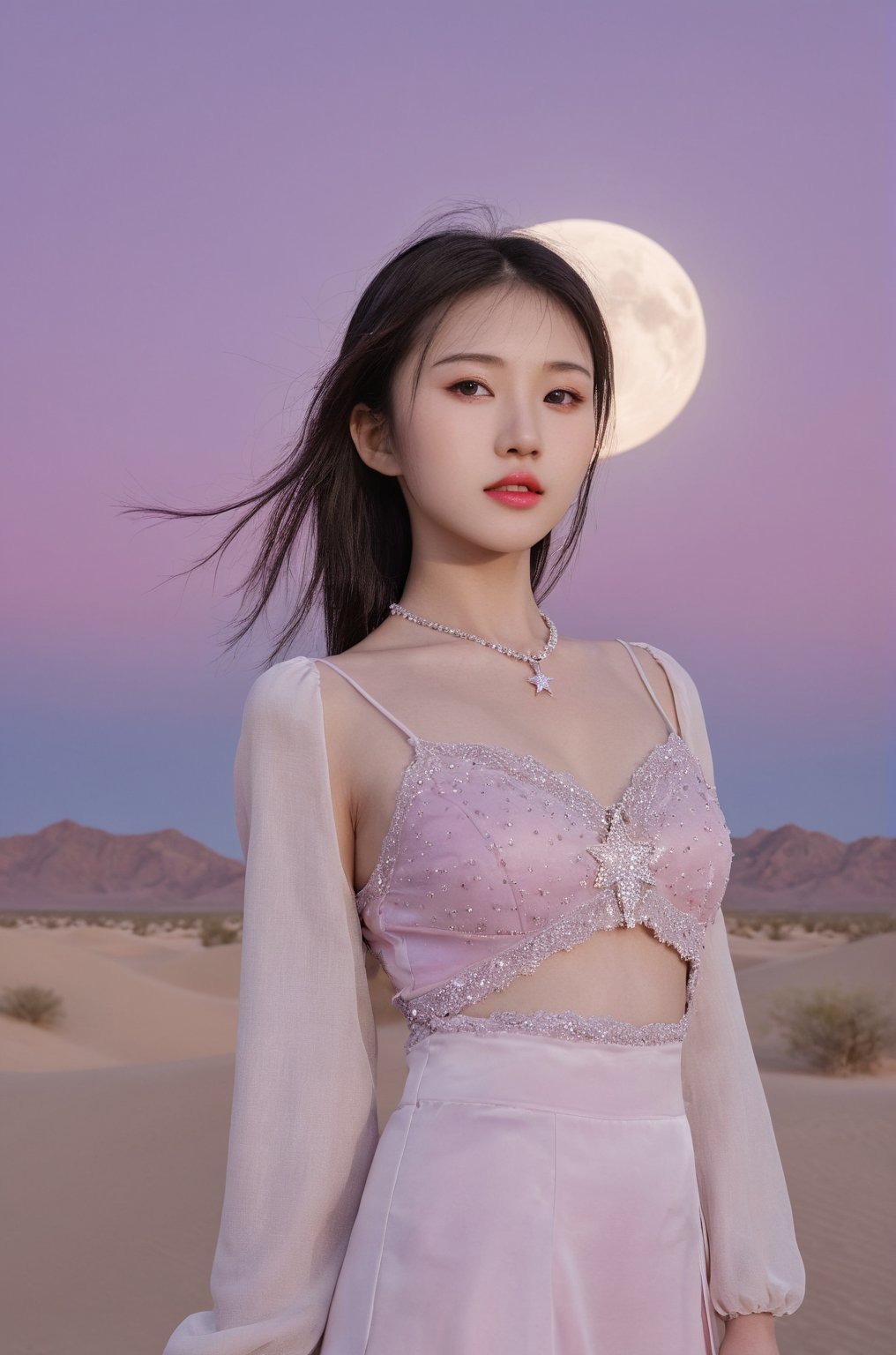 (ultra realistic,best quality),photorealistic,Extremely Realistic, in depth, cinematic light,hubggirl, 

desert_sky,chinese girl,full moon,scenery,desert,pink-purple sky,star, 

intricate background, realism,realistic,raw,analog,portrait,photorealistic,