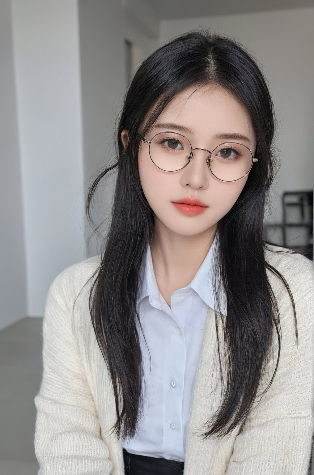 21 yo china instagram influencer, black hair, (wire rim glasses:1.4), black eyes, capture this image with a high resolution photograph using an 85mm lens for a flattering perspective