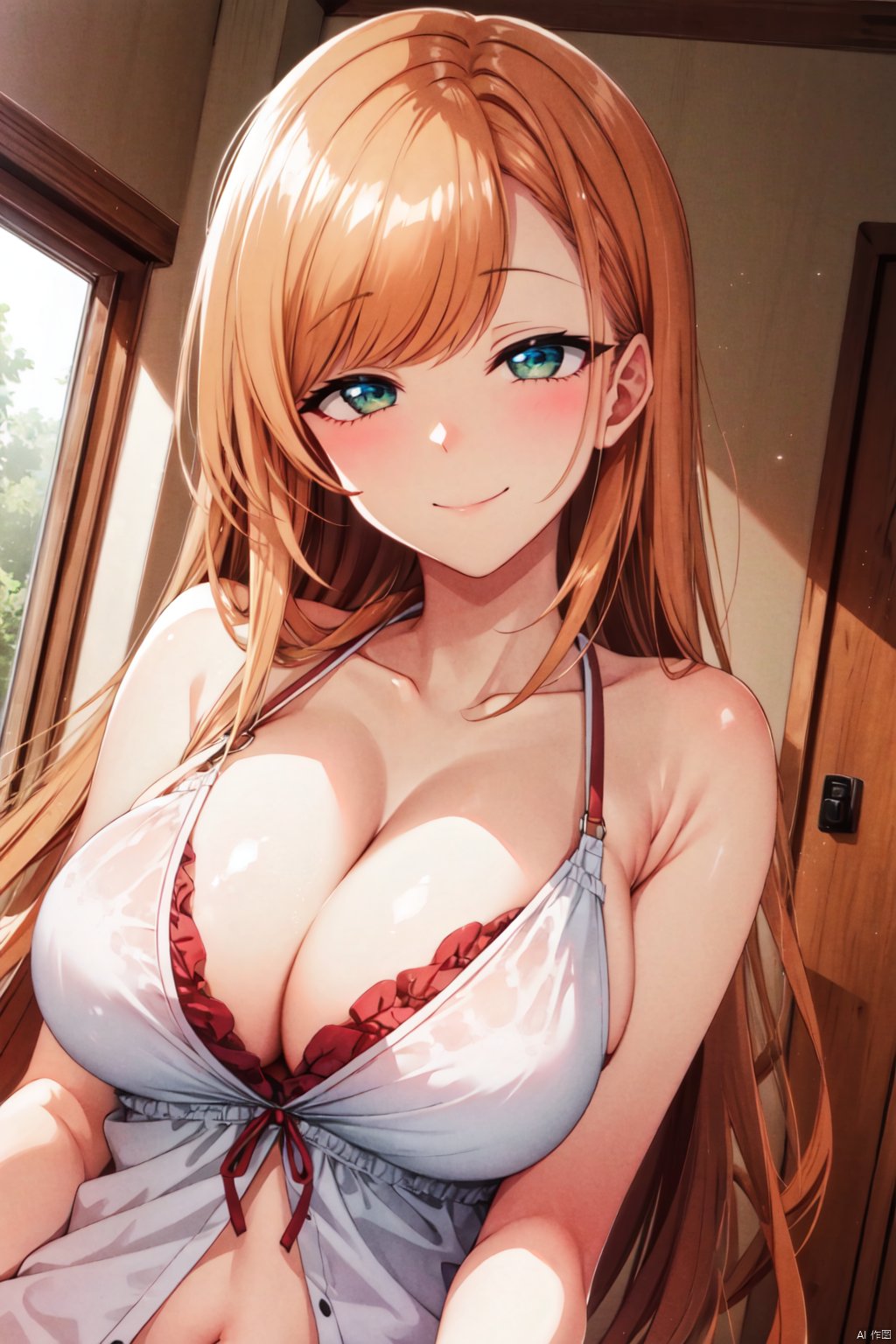 breasts, looking at viewer, blush, smile, large breasts, navel, cleavage, bare shoulders, sanada