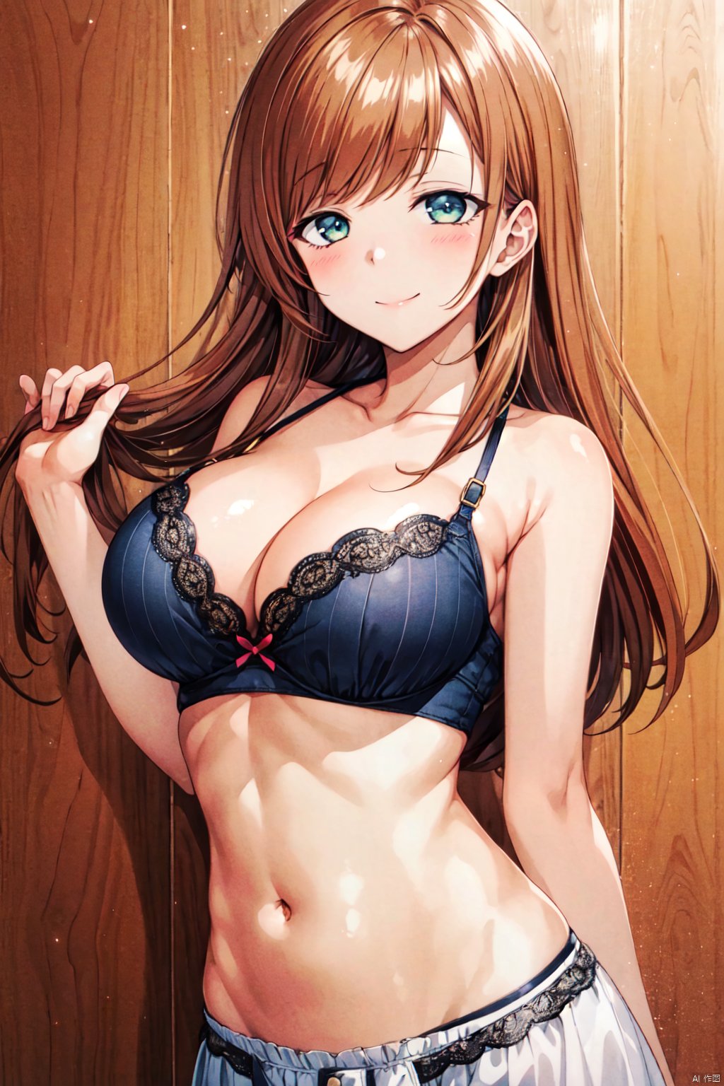 1girl, solo, long hair, breasts, looking at viewer, blush, smile, bangs, large breasts, brown hair, navel, cleavage, bare shoulders, ,sanada