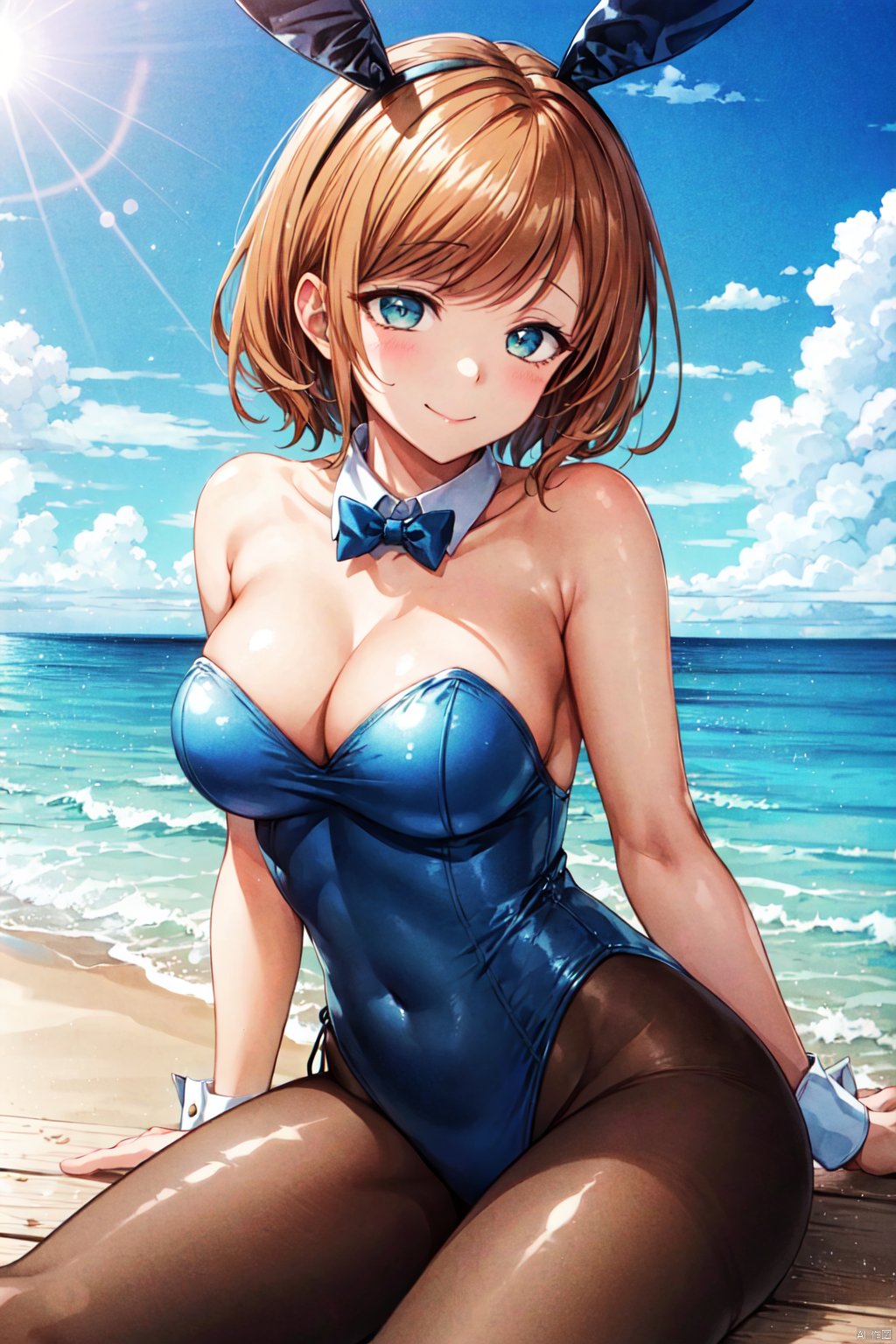 A sultry seaside siren gazes directly at the viewer with a charming blush and smile (1.0). Her bangs frame her face as she sits confidently, navel prominent, with bare shoulders and a tantalizing cleavage peeking out from the Playboy bunny leotard. The pantyhose-clad legs are crossed, showcasing toned thighs. A sun-kissed background features a bright blue sky, fluffy white clouds, and the warmth of the sun shining down on this stunning beauty as she leans forward, inviting the viewer to get closer.,sanada